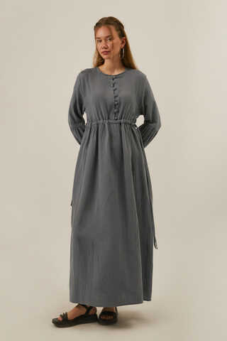 Buttoned Muslin Dress Anthracite - 2