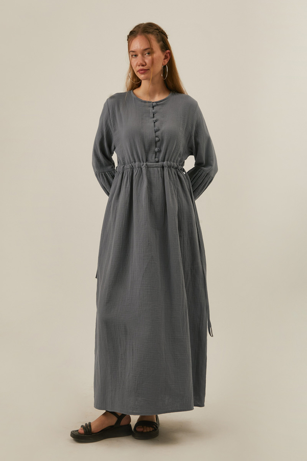 Buttoned Muslin Dress Anthracite - 2