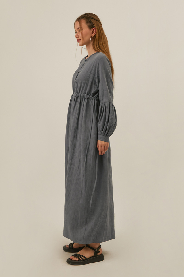 Buttoned Muslin Dress Anthracite - 3