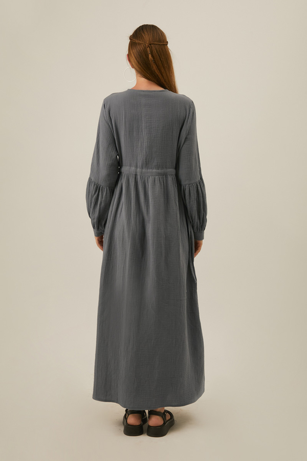 Buttoned Muslin Dress Anthracite - 8