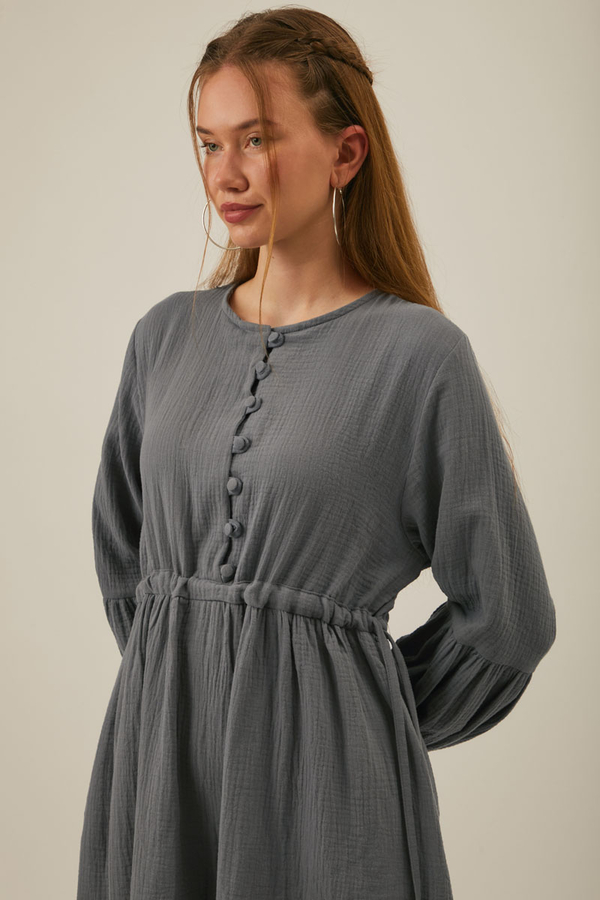 Buttoned Muslin Dress Anthracite - 6