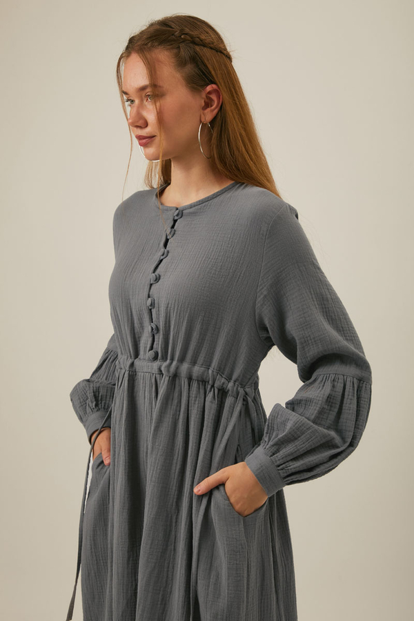 Buttoned Muslin Dress Anthracite - 7