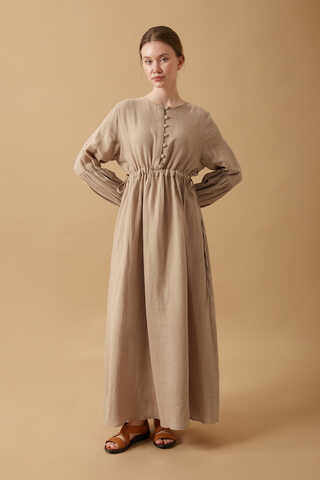 Buttoned Muslin Dress Beige - 3