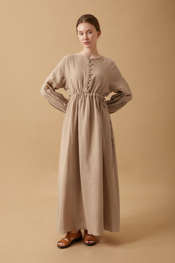 Buttoned Muslin Dress Beige - 3