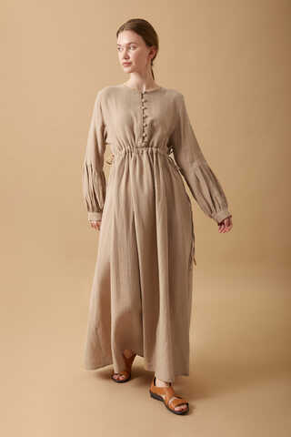 Buttoned Muslin Dress Beige - 8
