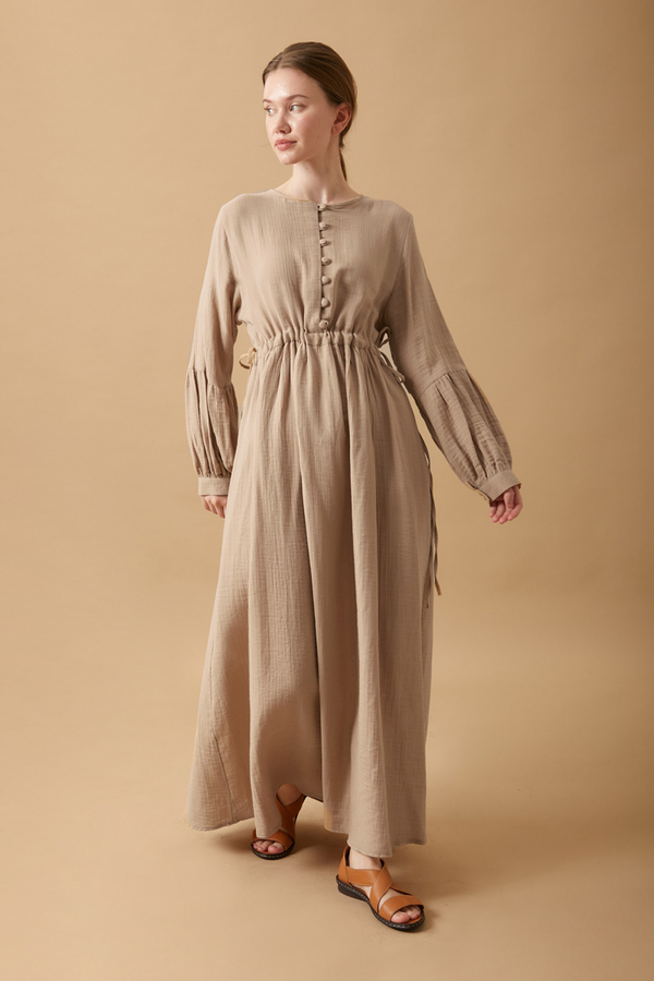 Buttoned Muslin Dress Beige - 8