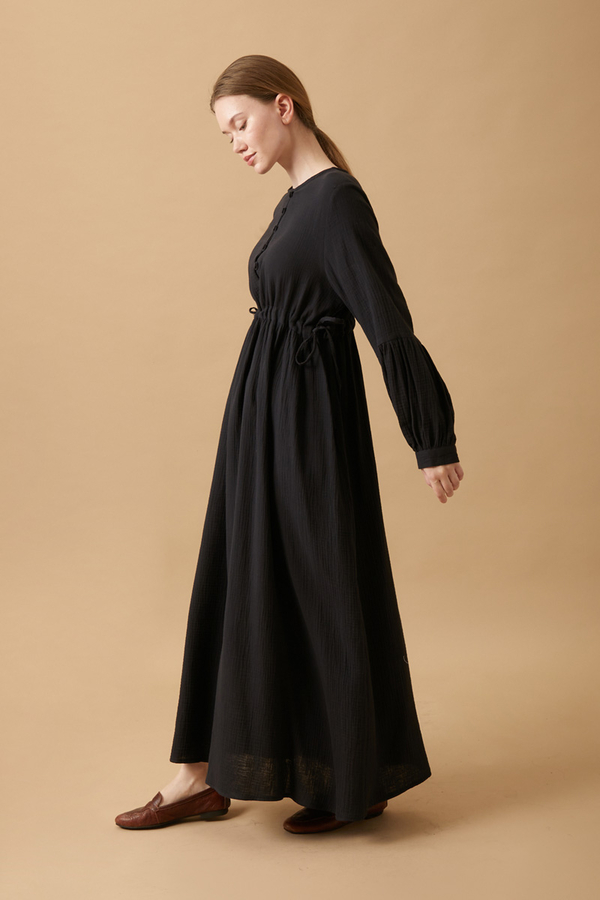 Buttoned Muslin Dress Black - 5