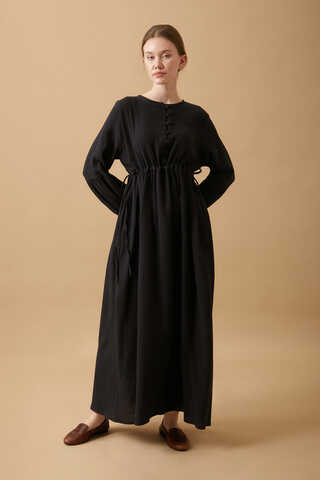 Buttoned Muslin Dress Black - 7