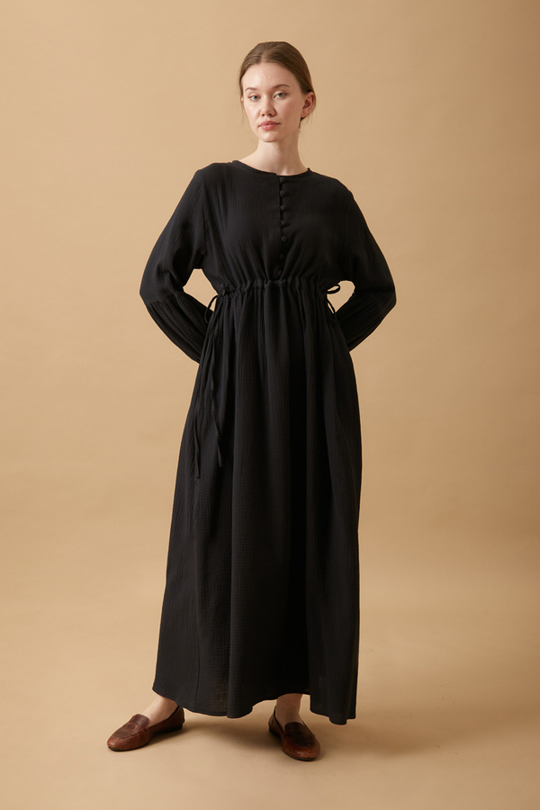 Buttoned Muslin Dress Black - 7