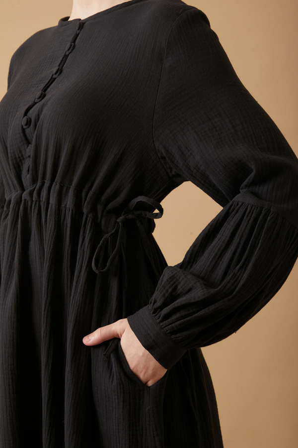 Buttoned Muslin Dress Black - 6