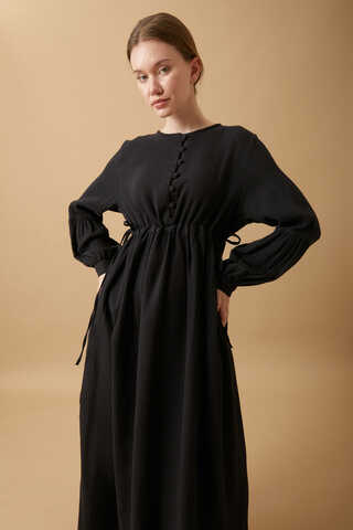 Buttoned Muslin Dress Black - 1