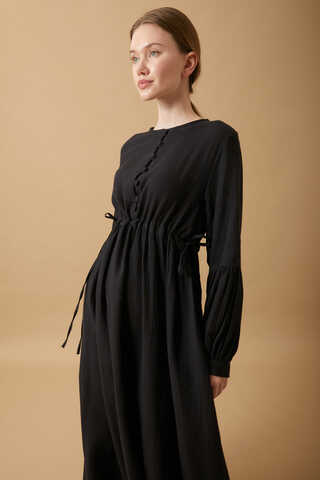 Buttoned Muslin Dress Black - 4
