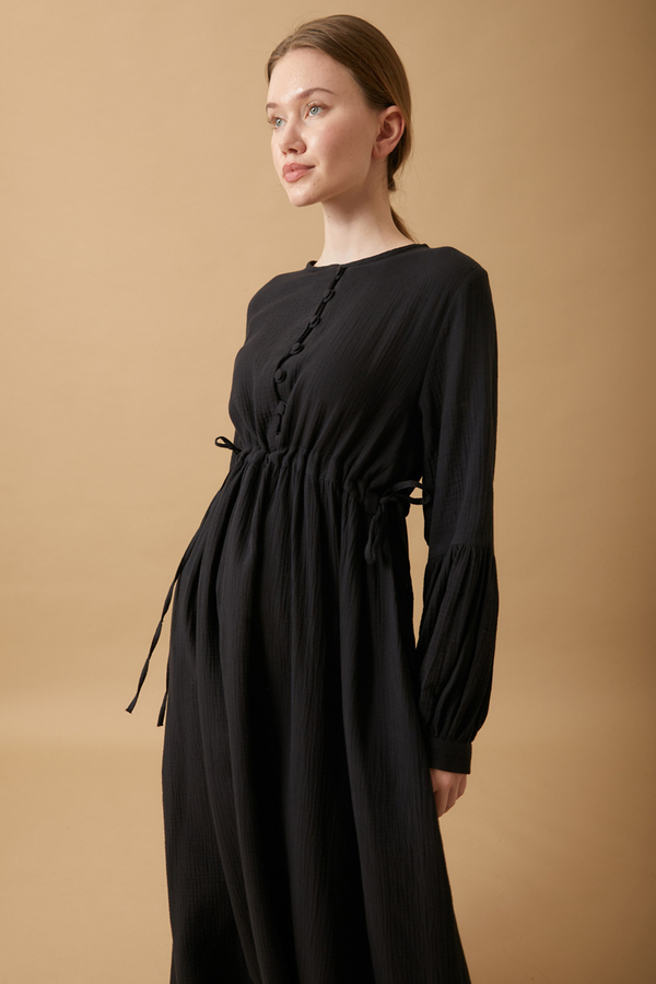 Buttoned Muslin Dress Black - 4