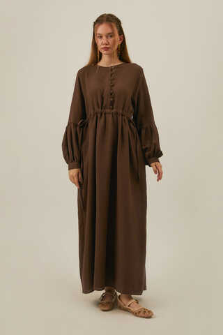Buttoned Muslin Dress Brown - 1