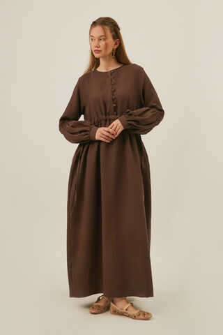 Buttoned Muslin Dress Brown - 5