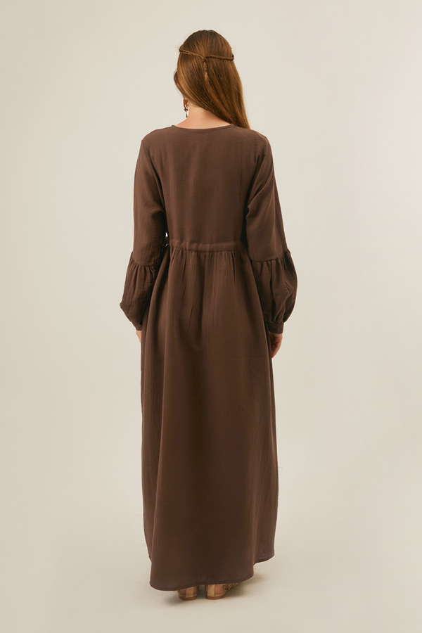 Buttoned Muslin Dress Brown - 7