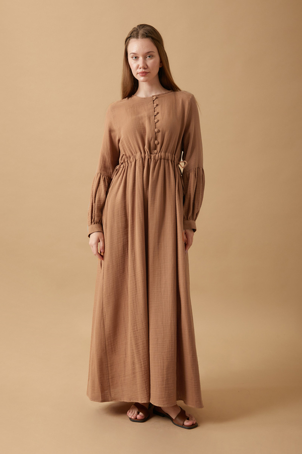 Buttoned Muslin Dress Cinnamon - 11