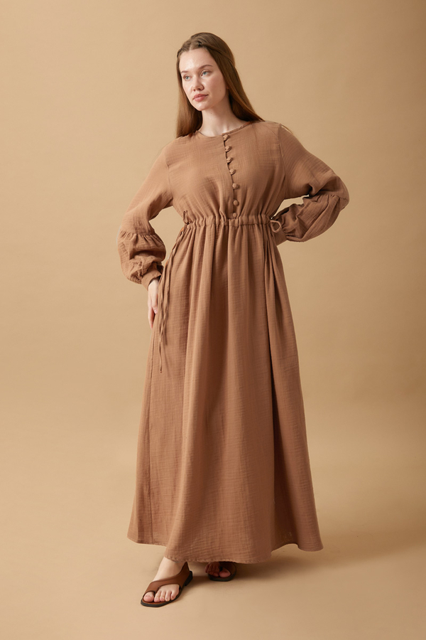 Buttoned Muslin Dress Cinnamon - 13