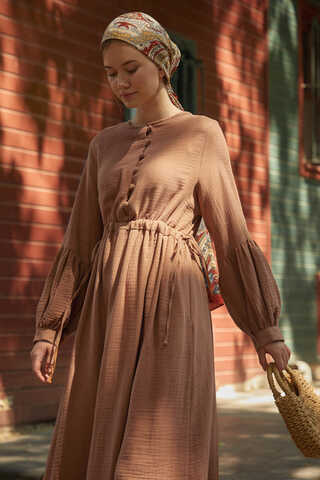 Buttoned Muslin Dress Cinnamon - 5