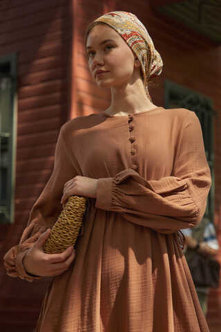 Buttoned Muslin Dress Cinnamon - 9