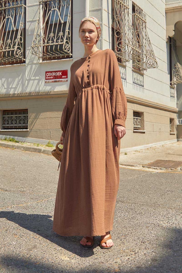 Buttoned Muslin Dress Cinnamon - 6
