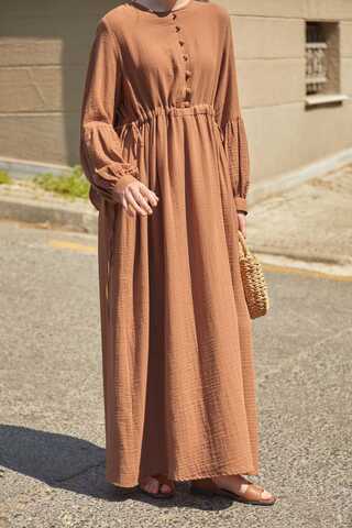 Buttoned Muslin Dress Cinnamon - 4