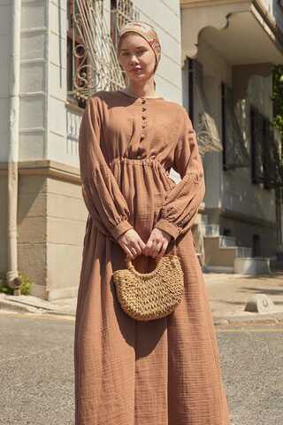 Buttoned Muslin Dress Cinnamon - 3