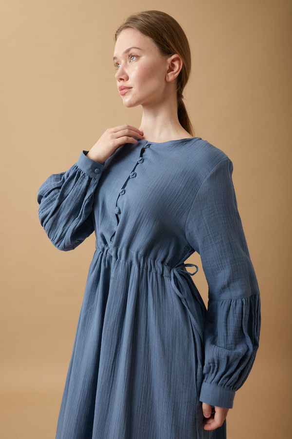 Buttoned Muslin Dress Indigo - 11