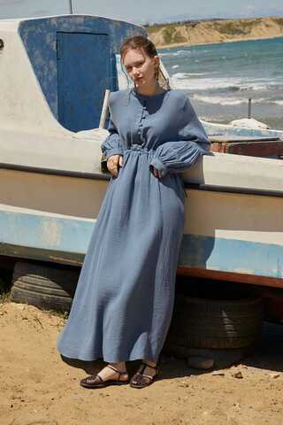 Buttoned Muslin Dress Indigo - 1