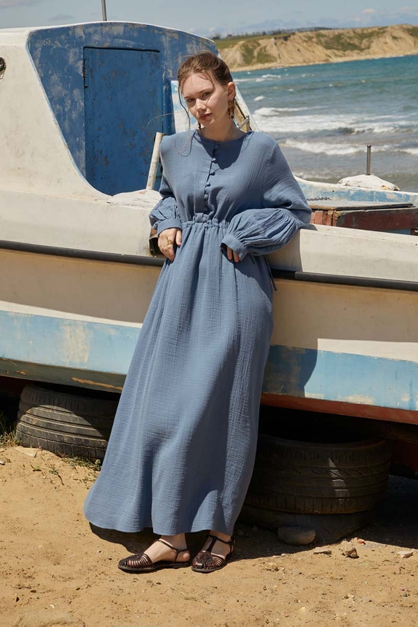 Buttoned Muslin Dress Indigo