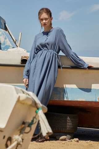Buttoned Muslin Dress Indigo - 7