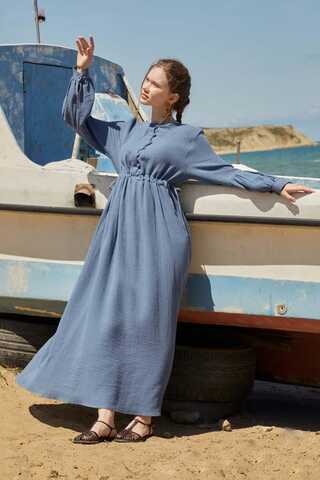Buttoned Muslin Dress Indigo - 8