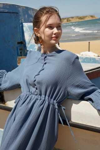 Buttoned Muslin Dress Indigo - 2