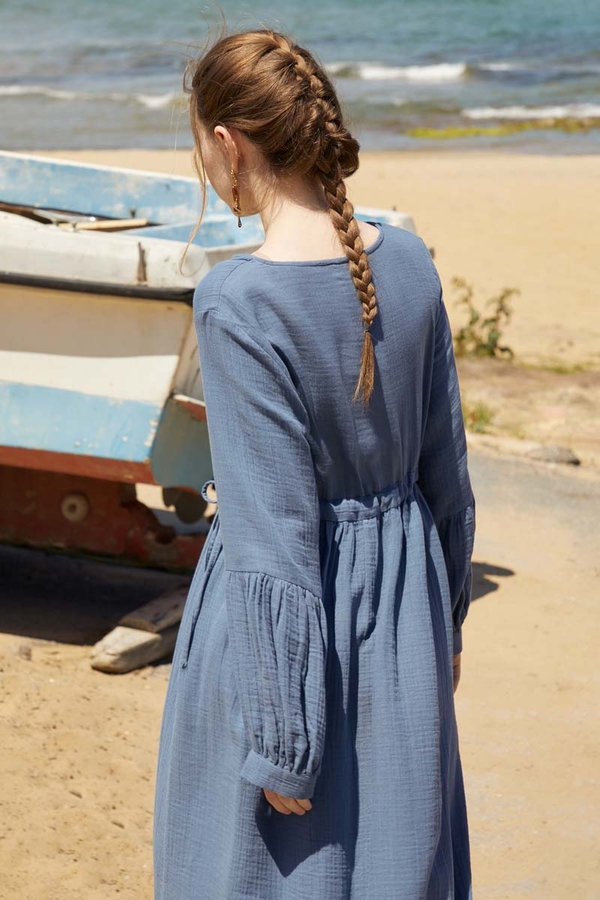 Buttoned Muslin Dress Indigo - 9