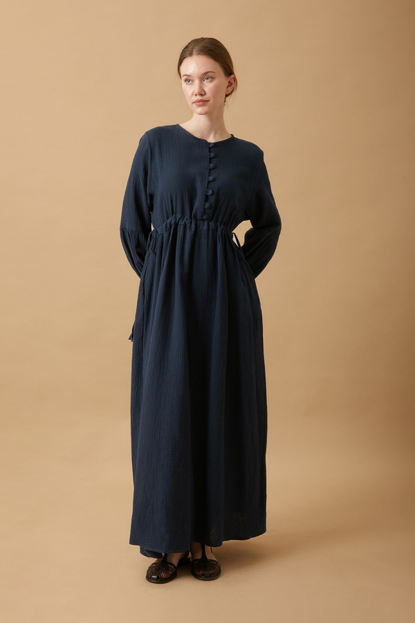 Buttoned Muslin Dress Navy