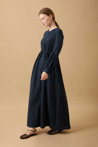 Buttoned Muslin Dress Navy - 3