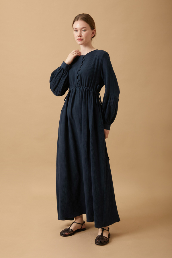 Buttoned Muslin Dress Navy - 6