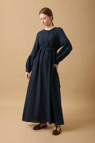 Buttoned Muslin Dress Navy - 8