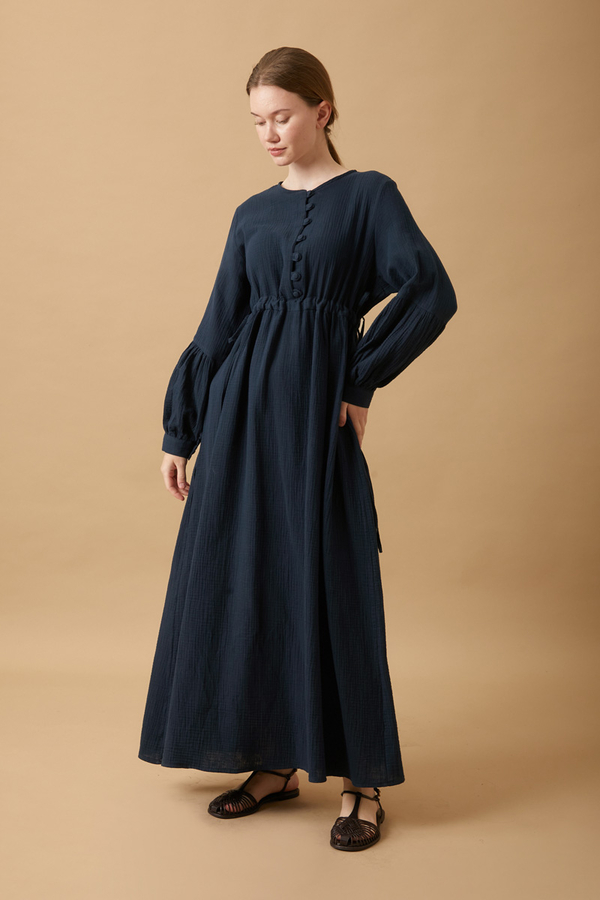 Buttoned Muslin Dress Navy - 8