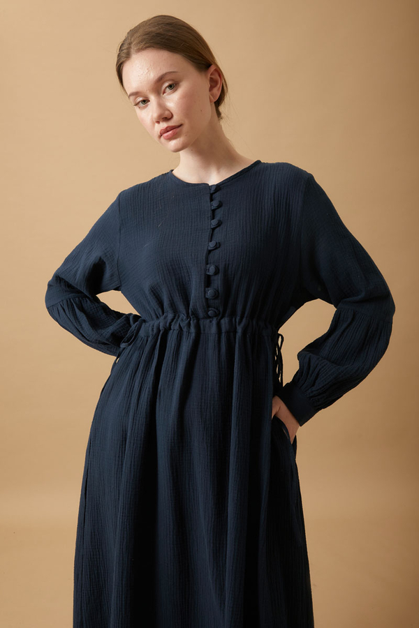 Buttoned Muslin Dress Navy - 2