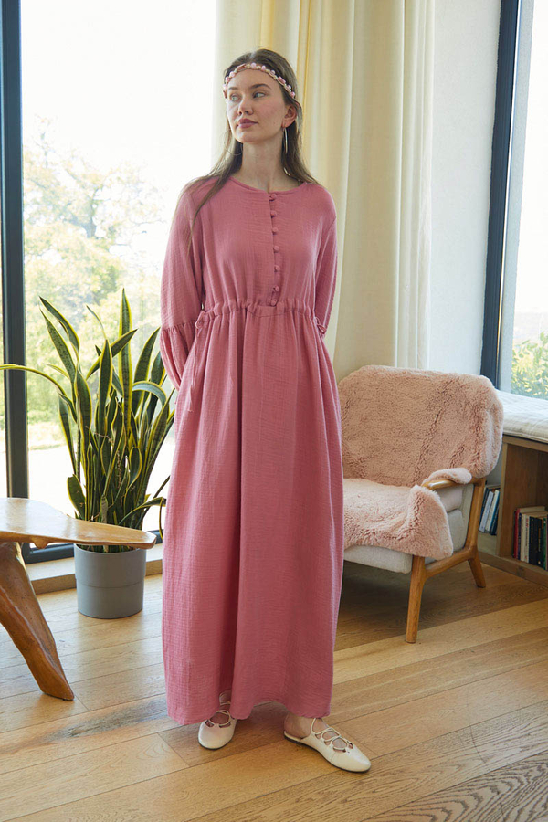 Buttoned Muslin Dress Pink - 6