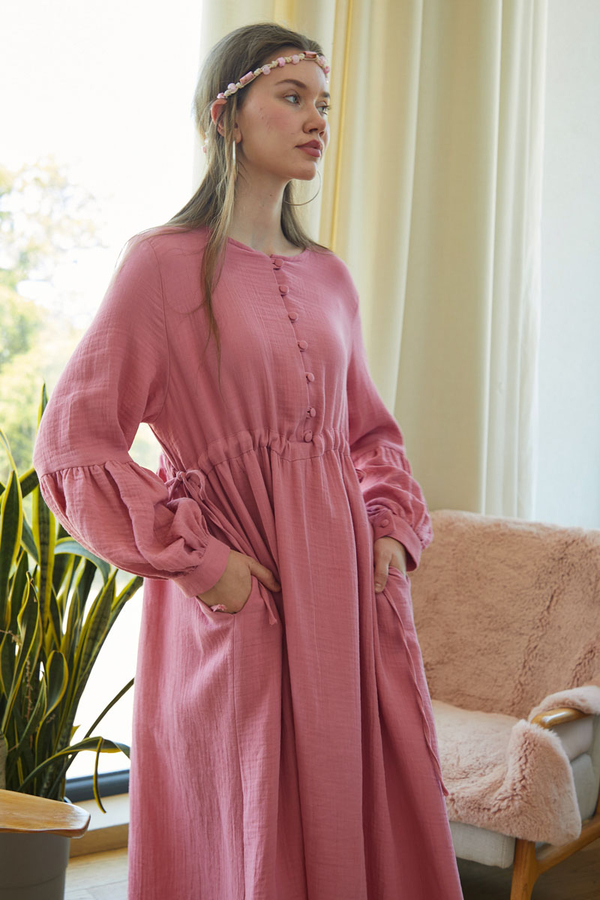 Buttoned Muslin Dress Pink - 7