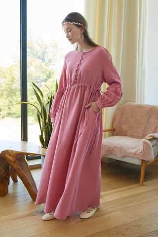 Buttoned Muslin Dress Pink - 8