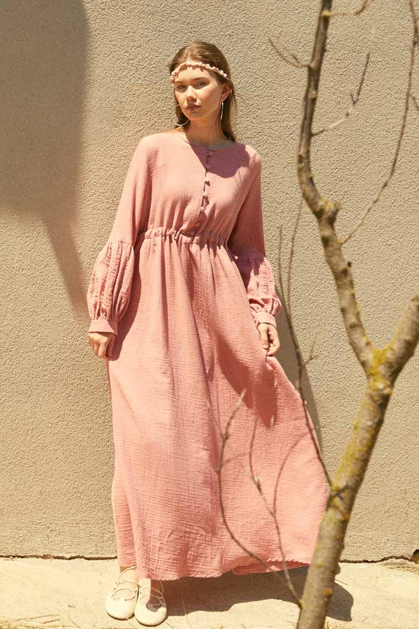 Buttoned Muslin Dress Pink - 2