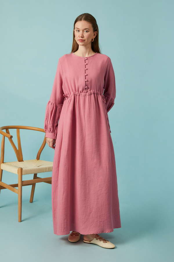 Buttoned Muslin Dress Pink - 10