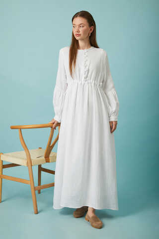 Buttoned Muslin Dress White - 8