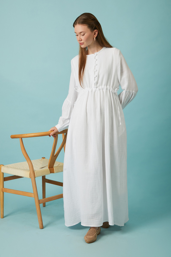 Buttoned Muslin Dress White - 9