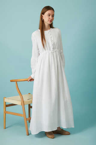 Buttoned Muslin Dress White - 10