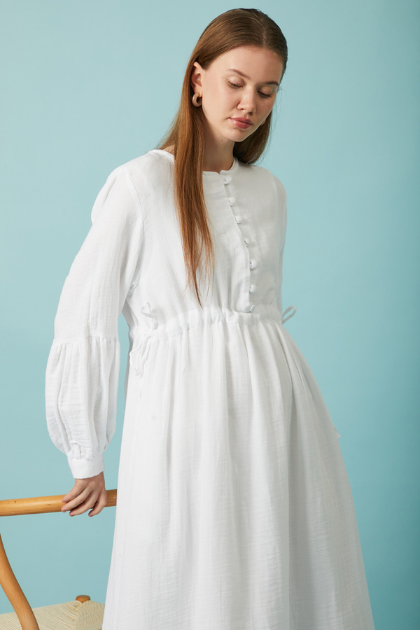 Buttoned Muslin Dress White - 11
