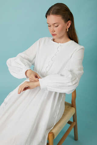 Buttoned Muslin Dress White - 3